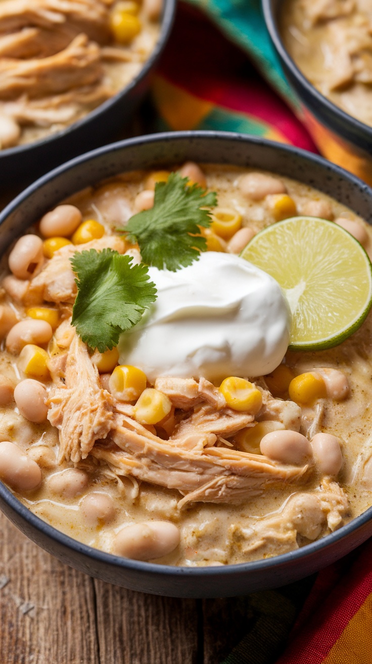 A bowl of white chicken chili with sour cream and cilantro, showcasing shredded chicken and beans.